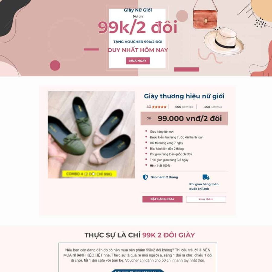 Mẫu website WordPress Lading Page bán giày, dép nữ