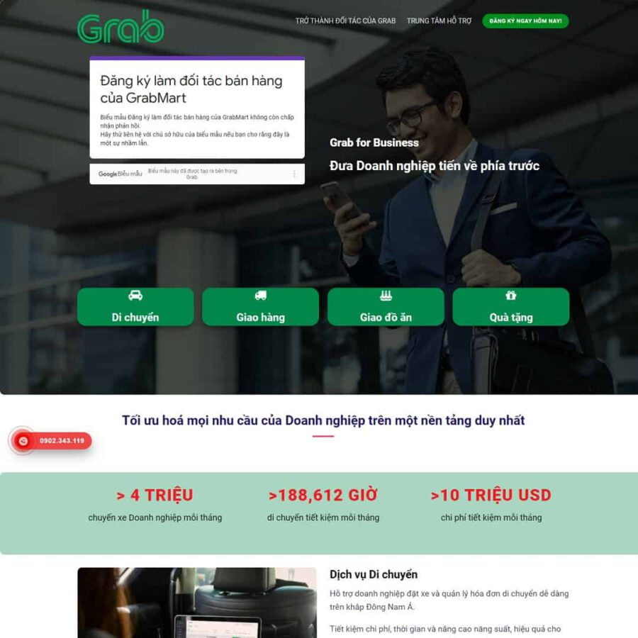 Mẫu website WordPress landing page dịch vụ Grab
