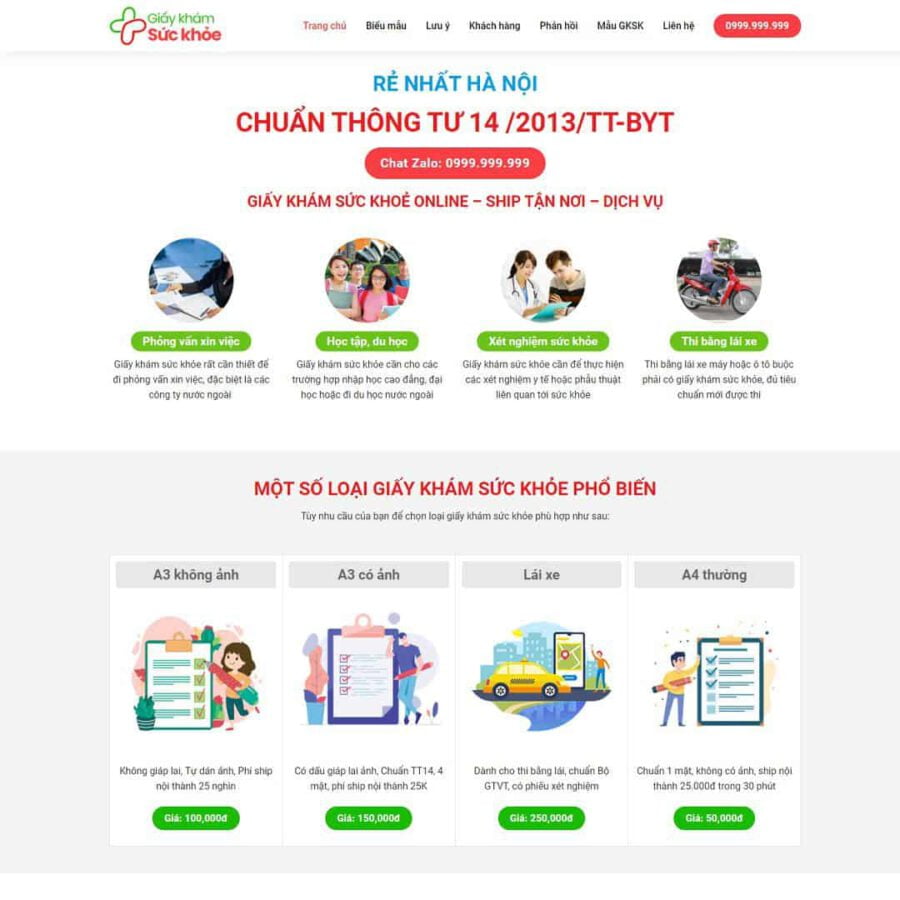 Mẫu website wordPress landing page bán giấy khám sức khỏe