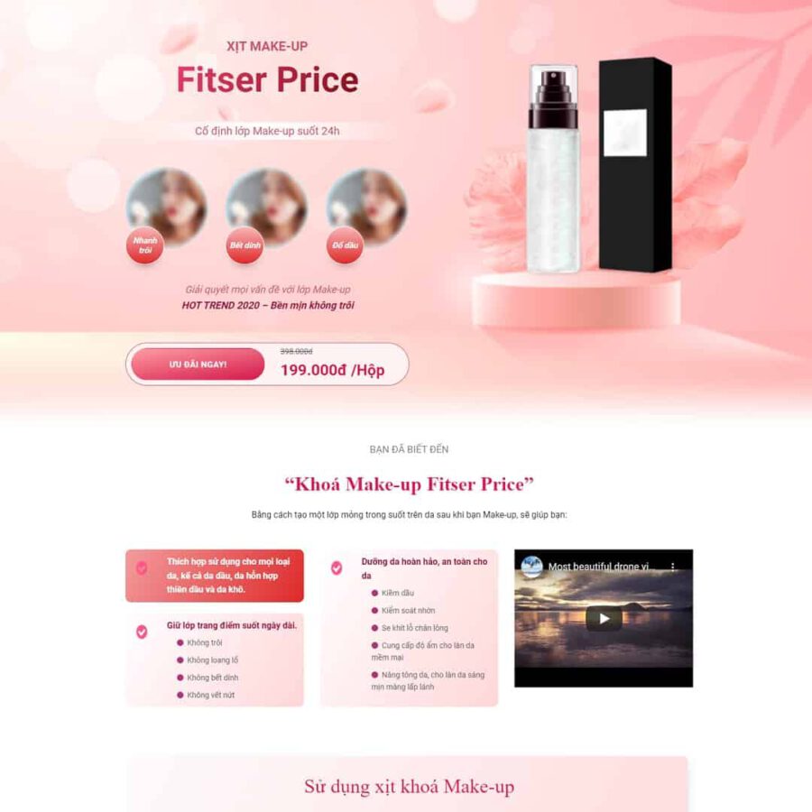 Mẫu website WordPress Landing page xịt makeup